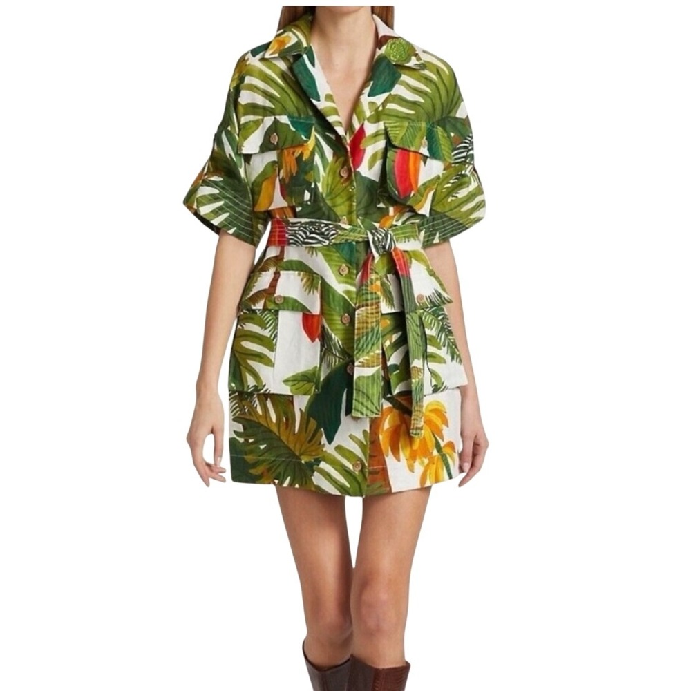 Farm Rio Cocoa Forest Utility Linen Mini Dress Green White Sz M Jungle Tropical - Picture 2 of 16